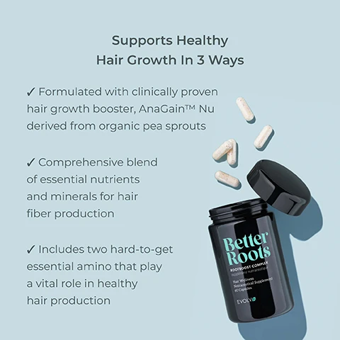 Image 1 - Image shows a black bottle of Better Roots hair wellness supplement with some white capsules scattered around it, accompanied by text stating it supports healthy hair growth in three ways, including details about the ingredients and benefits.
Image 2 - A black bottle labeled Better Roots ROOTBOOST COMPLEX sits atop a textured wooden base with green moss, featuring text that reads reduces shedding, extends hair life cycle, promotes thicker, fuller hair, and recalibrates hair growth cycle.
Image 3 - Two side-by-side images of a hand holding hair clumps, with the text Better Roots RootBoost Complex at the top and a testimonial about hair growth and reduction in hair loss below.
Image 4 - Image shows a hand holding a capsule above a summary of clinical results for a hair growth booster, with percentages indicating volunteer experiences related to hair regrowth, hair loss, breakability, and overall appearance improvement, along with the source note at the bottom.