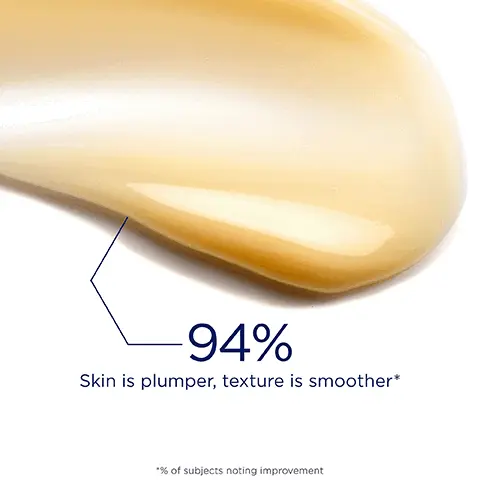 Image 1, 94% said skin is plumper, texture is smoother*. *% of subjects noting improvement. Image 2, provides plumping hydration for luminous, visibly even skin tone. Image 3, 3 sizes of hyaluronic acid visibly plumps and hydrates. 4% NeoGlucosamine, creates visibly even, luminous skin. Image 4, visible improvement in fine lines and firmness, week 0 compared to week 6 with twice daily use.