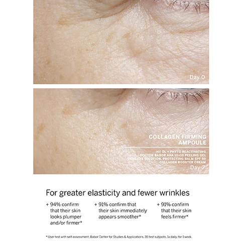 Image 1, collagen firming ampoule, HY OL + phyto reactivating doctor babor AHA 10+10 peeling gel dual eye solution, protecting balm SPF 50, collagen booster cream. for greater elasticity and fewer wrinkles. +94% confirm that their skin looks plumper and/or firmer. +91% confirm that their skin immediately appears smoother. +91% confirm that their skin feels firmer. user test with self assessment, babor center for studies and applications, 35 test subjects, 1 times daily for 1 week. image 2, ampoule concentrate collagen firming. for greater elasticity and fewer wrinkles. promotes smooth looking skin with 94% confirming that the skin looks firmer and plumper after 7 days and feels firmer overall. support skin elasticity and reduce wrinkles when used regularly. user test with self assessment babor center for studies and applications, 35 subjects, 1 times days for 1 week. image 3, ampoule concentrates maximum results minimum effort. our newly interpreted high dose active ingredient formulas for every skin need, peak results after just 7 days. image 4, the highest standards worldwide in clean beauty. dermatologically tested, vegan sustainable, while never compromising performance. free from - silicones, parabens, PEGs, microplastics, SLS, lactose, gluten, mineral oil, palm oil and plastic.