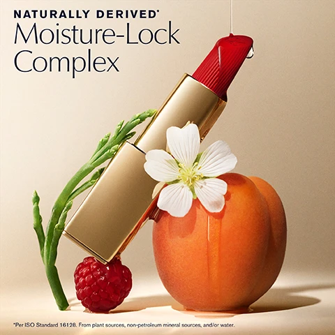 Image 1 - A gold lipstick tube with a red tip is shown with a raspberry, peach, white flower, and green stalks, alongside the text NATURALLY DERIVED Moisture-Lock Complex. Image 2 - Three arms with different skin tones display lipstick swatches 440 Irresistible 826 Modern Muse 131 Bois de Rose 260 Eccentric 420 Rebellious Rose 220 Powerful 541 LA Noir 320 Defiant Coral 685 Midnight Kiss 520 Carnal. Image 3 - Five lipsticks in various shades from pink to deep red with EL logos on the tips are shown in gold tubes, Statement-making wearable color. Image 4 - A grid of lipstick color swatches in various shades and names with the title Pure Color Creme Lipstick.