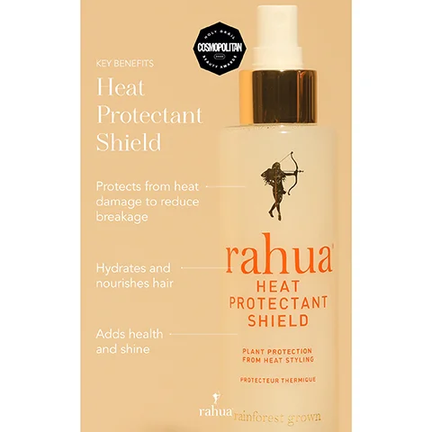 HOLY GRAIL COSMOPOLITAN 2023 KEY BENEFITS Heat Protectant Shield BEAUTY AWARDS Protects from heat damage to reduce breakage Hydrates and nourishes hair rahua HEAT PROTECTANT SHIELD Adds health and shine PLANT PROTECTION FROM HEAT STYLING PROTECTEUR THERMIQUE rahua rainforest grown