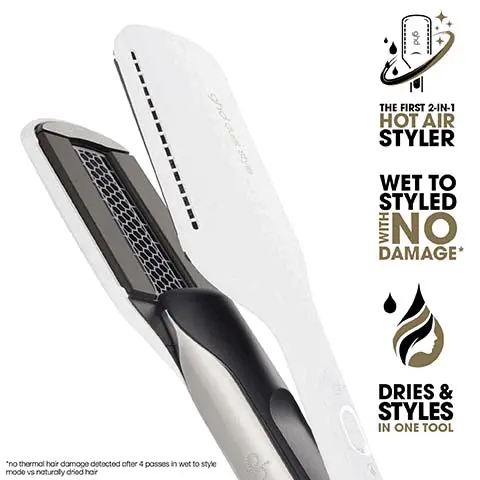 Image 1, the first 2 in 1 hot air styler, wet to styles with no damage, dries and styles in one tool. Image 2, 2 times more shine.