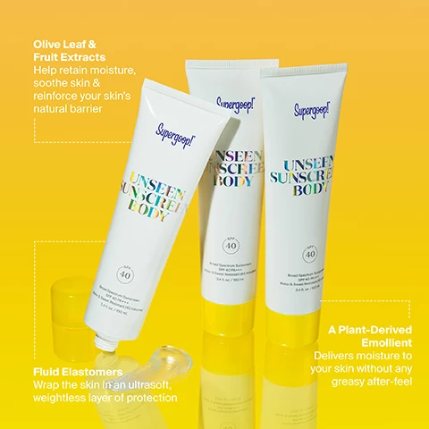 Image 1, olive leaf and fruit extracts help retain moisture, soothe skin and reinforce your skin's natural barrier. a plant derived emollient delivers moisture to your skin without any greasy after feel, fluid elastomers wrap the skin in an ultrasoft, weightless layer of protection. Image 2, the no list. at supergoop we thoughtfuly chose ingredients based on global regulations and the latest scientific research. our no list includes 1600+ ingredients that we never add in our products, including oxybenzone, octinoxate, parabens, phthalates, sulfates and syntheti fragrances. we publish efficacy reports on each of our products - and we have since day one - so you can make the best decisions for your skin.