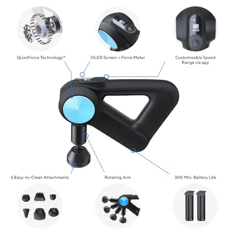 Image 1, quiet force technology, olded screen and force meter, customizable spped range via app, 6 easy to clean attachments, rotating arm, 300 min battery life. Image 2, the ragun, easy to clean attachments. each of our attachments with non-porous closed-cell foam which doesn't absorb lotion, sweat or oils. this makes our attachments easy to clean with disinfecting wipes and leads to more hygienic experience.