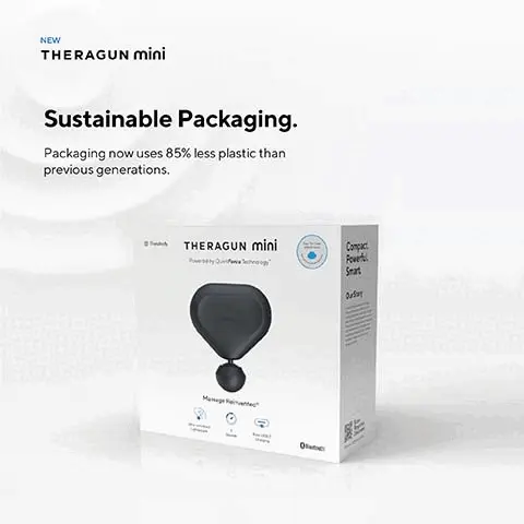 Image 1, sustainable packaging, packaging now uses 85% less plastic than previous generations. Image 2, what's included, soft case, dampenee, thiumb, theragun mini, USB C charger cable. Image 3, the smallest, lightest theragun yet. the mini is your pocket sized partner giving you theragun quality muscle treatment with unparalleled portability. Image 4, 20% smaller, 30% lighters. now with three attachments included for more customization. standard ball, dampener, thumb. Image 5, new theragun mini, 3 scientifically calibrated speeds, quick yet powerful relaxtion. 2400PPM, 2100PPM, 1750PPM