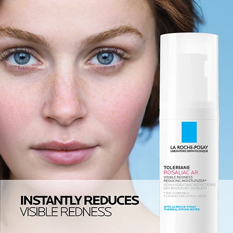 Image 1 - A close-up portrait of a young woman with fair skin and blue eyes, looking directly at the camera with a neutral expression, next to a white bottle of La Roche-Posay Toleriane Rosaliac AR, which has visible text that reads INSTANTLY REDUCES VISIBLE REDNESS.
Image 2 - A light green cream or lotion droplet is shown, with text indicating it instantly reduces visible redness, soothes and rebalances skin, and hydrates dry skin.
Image 3 - Image shows a graphic titled KEY DERMATOLOGICAL INGREDIENTS featuring three labeled sections: NEUROSENSINE DIPEPTIDE with the text Helps skin feel soothed; LA ROCHE-POSAY THERMAL SPRING WATER with the text Soothing antioxidant A unique water rich in selenium, a natural antioxidant; and GREEN PIGMENTS COLOR CORRECTOR with the text Instantly reduces signs of visible redness.
Image 4 - The image features four simplified line drawings of a woman, with text underneath each drawing that reads Dermatologist Tested, Safe for Sensitive Skin, Allergy Tested, and For Redness Prone Skin, along with the brand name La Roche-Posay at the top.