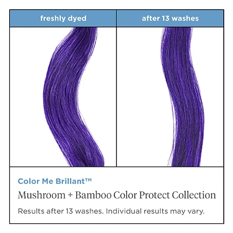 Image 1 freshly dyed vs after 13 washes. colour me brillant, mushroom and bamboo color protect collection. results after 13 washes, individual results may vary. Image 2, freshly dyed vs after 12 washes. color me brilliant, mushroom and bamboo color protection collection, results after 12 washes, individual results may vary. Image 3, freedom from fading, cleanses, protects and extends time between color treatments.