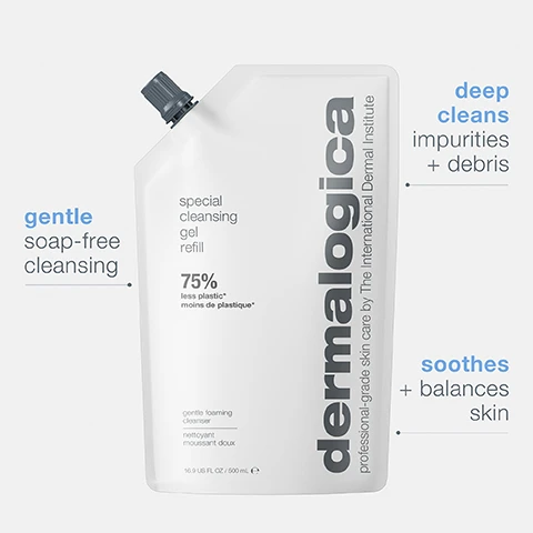 Image 1, gentle soap free cleansing. deep cleans impurities and debris. soothes and balances skin. image 2, quilaja saponaria = gently foams and rinses away toxins. lavender = calms and soothes skin. balm mint = cools and refreshes. image 3, step 1 = unscrew the cap on the refill pouch. step 2 = pure contents of refill into empty, clean, dry bottle. step 3 = screw pump/cap back on. 75% less plastic compared to the 16.9 US fl.oz / 500ml special cleansing gel bottle and pump