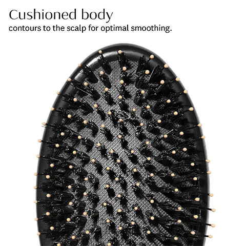 Image 1: Cushioned body contours to the scalp for optimal smoothing. Image 2: Nyon ballpoints bristles genetly detangle. Premium vegan boar bristles deliver perfect tension and styling control. Image 3: Teadrop shaped handle ergonomically designed for a natrual grip and greater styling control. Image 4: Dual bristle design delivers smooth, frizz free strands, nourished ends and major shine. Image 5: Ideal for all hair lengths and types