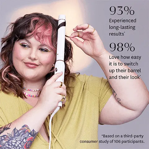 Image 1, 93% experienced long-lasting results. 98% love how easy it is to switch up their barrel and their look. Image 2, waves three ways. Lets play. Image 3 and 4, Before using the appliance. 1' Wand, 1 3/4' clip and 1 1/2 ' clip, Model shots. Image 5, Twist and switch design makes swapping barrels a breeze. Tighttwist lock holds barrels securely in place while you style. Image 6, T3 rapid heat IQ technology: Delivers advanced heat precision for fast styling and beautiful results. Ceramic heather technology ensures even heat, free of hot spots, for one-pass styling. 9 heat settings deliver precise heat for all hair types and textures. Smart microchip actively monitors heat settings to keep temperature fluctuations in check. Image 7, 9 precise heat settings for every hair type and texture. Image 8, Cool tip and stand enable easy, secure styling, ceragloss ceramic barrel glides effortlessly for smooth shiny results. lon generator minimizes static frizz, boosts shine and locks in style. Image 9, switch kit wave trio: how to switch barrels. Step 1: to unlock, turn the tighttwist lock to vertical position. Step 2: align the pin on the barrel with the side slot on the handle and insert. Step 3L to lock in your barrel in place, twist the lock clockwise to a horizontal position and step 4: repeat to switch it up. Image 10, Before using the appliance. 1' Wand, 1 3/4' clip and 1 1/2 ' clip, Model shots.