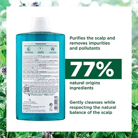 Image 1, purifies the scalp and removes impurities and pollutants, 77% natural origin ingredients, gently cleanses while respecting the natural balance of the scalp. Image 2, 77% natural origin ingredients, free from animal origin ingredients, high tolerance formula, 100% recycled an recyclable bottle, excluding the cap we are working on it! Image 3, fresh scent with crushed mint, lemon and tea fragrance, transparent, light, fresh texture. biodegradeable formula.