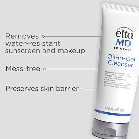 Image 1 - Image of a tube of EltaMD Oil-in-Gel Cleanser with key benefits listed: removes water-resistant sunscreen and makeup, mess-free, preserves skin barrier.
Image 2 - A bottle of Elta MD Oil-in-Gel Cleanser is shown, with text indicating it is 2.5X more effective in removing long-wear, waterproof foundation and 2X more effective in removing physical and waterproof sunscreen, with a note stating when compared to a leading cleanser.
Image 3 - A tube of Elta MD Oil-in-Gel Cleanser is displayed on a blurred bathroom countertop, with visible text reading The first step in your melt away the day routine.
Image 4 - A hand holds a tube of Elta MD Skincare Oil-in-Gel Cleanser with a gel-like substance pouring out, accompanied by text that reads Rich gel texture melts into a silky oil that gently lifts away impurities.
Image 5 - A tube of Elta MD Oil-in-Gel Cleanser is shown against a blurred blue background, with text reading Ideal for daily use, morning and night for all skin types, and other product details including 3.4 fl oz (100 mL).
Image 6 - A collection of EltaMD skincare products displayed on a white tray, including an Oil-in-Gel Cleanser, UV AOX Mist, UV Restore Broad-Spectrum Serum, and AM Restorative Moisturizer, with the text COMPLETE YOUR REGIMEN above.
Image 7 - A list of ingredients including Caprylic/Capric Triglyceride, Glycerin, Water, Coconut Alkanes, Sucrose Palmitate, Sucrose Laurate, Limnanthes Alba Seed Oil, 1,2-Hexanediol, Caprylyl Glycol, Coco-Caprylate/Caprate, Tocopheryl Acetate, Lactobacillus/Pumpkin Ferment Extract, Tocopherol, Melia Azadirachta Flower Extract, Melia Azadirachta Leaf Extract, Ocimum Sanctum Leaf Extract, Lactobacillus Ferment, Curcuma Longa Root Extract, Ocimum Basilicum Flower/Leaf Extract, and Coralina Officinalis.