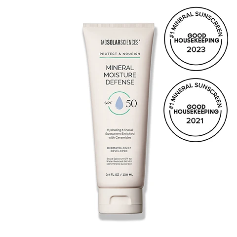 Image 2-dermstore-en_US - A light-colored tube of MDSOLARSCIENCES Mineral Moisture Defense SPF 50 sunscreen with a water drop icon and text PROTECT & NOURISH, Hydrating Mineral Sunscreen Enriched with Ceramides, DERMATOLOGIST DEVELOPED, Broad Spectrum SPF 50 Water Resistant (80 Min) 100% Mineral Sunscreen, 3.4 FL OZ / 100 ML, is shown next to two circular badges, the top one reading #1 MINERAL SUNSCREEN GOOD HOUSEKEEPING 2023, and the bottom one reading #1 MINERAL SUNSCREEN GOOD HOUSEKEEPING 2021. Image 3-dermstore-en_US - An image displaying a smear of white cream, a pile of white powder, and an orange slice on a light background, with text that reads: PROTECT YOUR SKIN, SPF 50 Broad-spectrum UV protection with no white cast, MICRONIZED ZINC OXIDE 100% mineral protection, VITAMIN C Brightens skin & fights radical damage. Image 4-dermstore-en_US - A visual guide for skin nourishment displays a clear gel blob, green tea powder, and a cut pomegranate with arils, alongside text that reads NOURISH YOUR SKIN, CERAMIDES + HUMECTANTS Strengthens skin barrier & locks in moisture, GREEN TEA Calms inflammation, and CRANBERRY + POMEGRANATE Protect, hydrate, & improve skins texture & tone. Image 5-dermstore-en_US - Three tubes of MDSOLARSCIENCES Mineral Moisture Defense SPF 50 sunscreen are shown on a rippled blue water background, alongside a list of benefits that reads HYDRATION MEETS PROTECTION, Silky smooth, invisible coverage, Naturally derived & safer mineral UV Protection, Non-irritating & fragrance free, and Water resistant for up to 80 minutes. Image 6-dermstore-en_US - A white tube of Mineral Moisture Defender sunscreen with SPF 50 and 3.4 FL OZ / 100 ML is shown next to text listing awards: DERMATOLOGIST DEVELOPED. BEAUTY-EXPERT APPROVED. 2025 BEST MINERAL SUNSCREEN OVERALL Forbes, 2024 BEST MINERAL SUNSCREEN OVERALL Forbes, 2023 #1 BEST OVERALL MINERAL SUNSCREEN GOOD HOUSEKEEPING. Image 7-dermstore-en_US - An advertisement for MDSolarSciences sunscreen features a white tube on the right and a lengthy testimonial next to it, which reads: DERMATOLOGIST-DEVELOPED. SKIN-EXPERT APPROVED. As a licensed esthetician specializing in acne-prone skin, Im always searching for products that protect my clients skin without aggravating their concerns. MDSolarSciences SPF products have been instrumental in my salon. Their lightweight, non-comedogenic formulas provide broad-spectrum protection while soothing and hydrating the skin. Many of my clients are hesitant to use sunscreen because they fear breakouts or irritation, but with MDSolarSciences, I see the exact opposite. The mineral-based formulas are gentle, even for those with sensitive or inflamed skin, and they layer beautifully under makeup. Not only are these products dermatologist-recommended, but Ive also seen a noticeable improvement in my clients skin health. Incorporating proper sun protection has helped reduce post-inflammatory hyperpigmentation, prevent premature aging, and maintain their treatment results. I trust MDSolarSciences to deliver high-quality sun care that truly supports my clients skincare journeys. -LISA MASSIMIANO, LICENSED ESTHETICIAN, CERTIFIED ACNE SPECIALIST, OWNER SKIN SMART SALON, ASHLAND, MA. The product tube itself displays the text: MDSOLARSCIENCES PROTECT+ MINERAL MOISTURE DEFENSE SPF 30 Hydrating Mineral Sunscreen Enriched with Ceramides DERMATOLOGIST DEVELOPED Broad Spectrum SPF 30 Water Resistant (80 min) 100% Mineral Sunscreen 3.4 FL OZ / 100 ML. Image 8-dermstore-en_US - Four MDSolarSciences skincare products, including a spray bottle, two tubes, and a stick, are displayed on a light beige background, with the visible text EXPLORE THE COLLECTION, Scientifically formulated to elevate your everyday skincare routine, and on the products MDSOLARSCIENCES PROTECT & NOURISH QUICK DRY BODY SPRAY Broad Spectrum Sunscreen Water Resistant (80 Min) SPF 40 SHEER PROTECTION DERMATOLOGIST DEVELOPED 6 FL OZ / 177 ML, MDSOLARSCIENCES PROTECT & NOURISH MINERAL MOISTURE DEFENSE SPF 50 Hydrating Mineral Sunscreen Enriched with Ceramides DERMATOLOGIST DEVELOPED 3.4 FL OZ / 100 ML, MDSOLARSCIENCES PROTECT & NOURISH SOLAR STICK SPF 40 BROAD SPECTRUM SPF 40 WATER RESISTANT (80 MIN) .6 OZ / 17 G, and MDSOLARSCIENCES CLEANSE & NOURISH WASH AWAY One Step Cleanser DAY & NIGHT Gently Exfoliating Purifying Cleanser Cleans Pores and Removes Impurities, Makeup + Sunscreen DERMATOLOGIST DEVELOPED 1.7 FL OZ / 50 ML. Image 9-dermstore-en_US - An image features Renee Plato, CEO of MDSOLARSCIENCES, a smiling blonde woman in a black top, alongside text that reads MDSOLARSCIENCES, DERMATOLOGIST - DEVELOPED • SPF + SKINCARE, SCIENCE ISNT OUR SECRET. ITS OUR STANDARD. and a quote: At the heart of our brand is a commitment to true skin wellness, powered by science, elevated by luxury, and grounded in clean, feel-good formulas. signed RENEE PLATO, CEO, with a red cosmetic swatch at the top left.