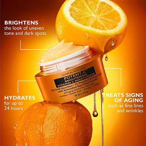Image 1, brightens the look of uneven tone and dark spots. hydrates for up to 12 hours, treats signs of aging such as fine lines and wrinkles. image 2, 10% THD ascorbate vitamin c, helps brighten the look of skin and defy signs of aging. 3% vitamin E and Ferulic Acid, boost Vitamin C perfomance. antixidant superfood complex, helps maintain and enhance brightening results. image 3, before and after 4 weeks. image 5, medium weight texture.
