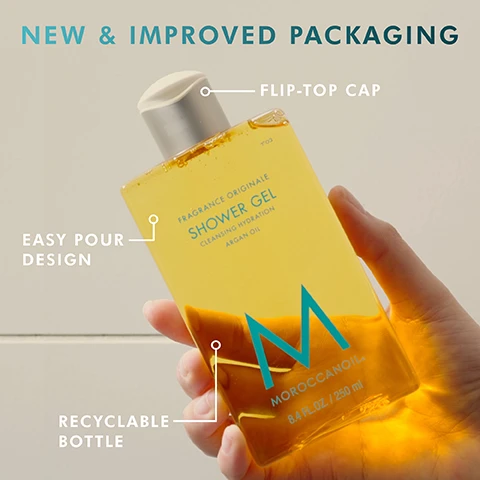 Image 2 - A person holding a translucent bottle of shower gel with a flip-top cap, featuring a label that reads SHOWER GEL and notes about its easy pour design and recyclability, with the words NEW & IMPROVED PACKAGING at the top.
Image 3 - A droplet of clear gel with bubbles on a light marble surface, with text labels indicating Argan Oil and Helps hydrate and nourish the skin along with Glycerin and Helps increase skins elasticity.
Image 4 - A close-up of a womans shoulder with a shiny, golden gel-like substance dripping down, accompanied by the text Hydrates as it cleanses with nourishing argan oil.
Image 5 - A visually appealing arrangement of tropical fruits, including pineapple and coconut, alongside gardenia petals and orange flowers, set against a warm, orange background, with the text Ambiance de Plage, Warm & Uplifting, Shredded Coconut, Gardenia Petals, and Pineapple.