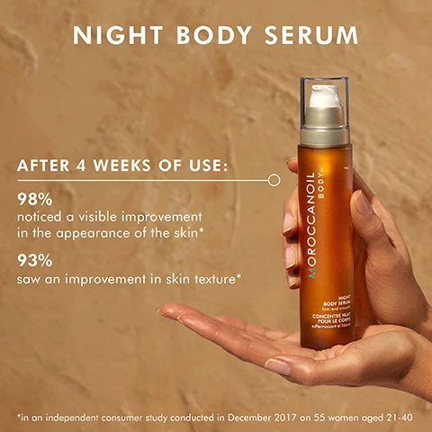 Image 2 - A person holding a bottle of Moroccanoil Night Body Serum is pictured against a textured beige background, with visible text stating NIGHT BODY SERUM and statistics about user results after four weeks of use: 98% noticed a visible improvement in the appearance of the skin and 93% saw an improvement in skin texture.
Image 3 - Side-by-side comparison of skin on a shoulder labeled BEFORE on the left and AFTER IMMEDIATE RESULTS* on the right, with text below stating *Photos taken before and after one application of Night Body Serum.
Image 4 - A person is applying a drop of oil from a pump bottle labeled Moroccanoil Body Night Body Serum, with surrounding text highlighting key ingredients: Holy Basil Extract, Argan and Tsubaki Oils, and Vitamin C, describing their benefits for the skin.
Image 5 - A close-up image of a hand gently resting on a smooth leg, with a neutral background and visible text that includes the PETA logo and the words PETA APPROVED and Cruelty-Free.
Image 6 - An assortment of four Moroccanoil body oil products, including Night Body Serum, Dry Body Oil, Shimmering Body Oil, and Pure Argan Oil, presented against a light background with decorative bubbles, featuring the text MOROCCANOIL BODY OILS COLLECTION at the top.