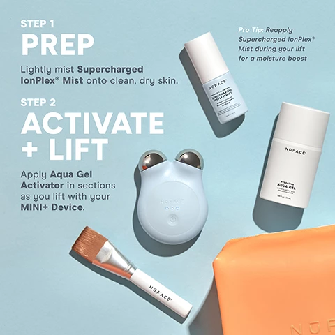 Image 1, step 1 prep, lightly misted supercharged ionplex mist onto clean, dry skin. step 2, activate and lift apply aqua gel activator in sections as you lift with your mini plus device. pro tip = reapply supercharged ionplex mist during your lift for a moisture boost. Image 2, nu face clinical results day 1 vs day 60, smoothed neck and toned chin. Image 3, mini plus, fda cleared facial toning device. immediate results, 91% saw improved cheek contour, 90% saw a lifted appearance. 60 day results, 93% saw reduction in deep forehead lines, 91% saw improved lift and firmness of jowls. microcurrent mimics and gently re-energizes the body's own natural current to tone, lift and contour the facial muscles while reducing fine lines and wrinkles. Image 4, mini plus smart technology. petite and portable, nu face smart app, access to professional step by step tutorials tailored to you, selfie trackers to see progress and celebrate achievments, set treatment reminders. app exclusive 3 depth technology. skin tightening mode, helps blur fine lines and wrinkles. instant lift mode, helps tone, lift and contour. pro toning mode, deep toning for long term transformation