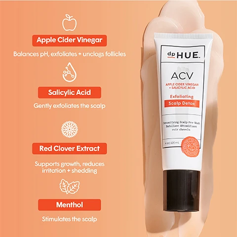 Image 1 - An exfoliating scalp detox product is shown with its packaging on a soft, cream-colored background, featuring listed ingredients and their benefits: Apple Cider Vinegar, Salicylic Acid, Red Clover Extract, and Menthol, along with the product name, dpHUE ACV Exfoliating Scalp Detox.
Image 2 - A smiling person with curly hair holds a skincare product next to their face, with text on the left detailing benefits like gentle exfoliation, product buildup clearance, conditioning, and use instructions.
Image 3 - A person with curly hair applies a hair treatment labeled dp HUE ACV to their scalp, with statistics beside them showing 97% said hair feels clean without feeling oily, 93% said scalp feels refreshed + healthier, and 95% said detox removed excess product buildup.
Image 4 - Two smiling women pose together against an orange background, one with long, wavy hair wearing a white top and the other with curly hair in a light-colored tank top, accompanied by text that reads Made with artisanal-crafted Apple Cider Vinegar, ensuring premium quality + results.
Image 5 - Image shows a collection of hair care products from dpHUE arranged against an orange background; visible text includes hair care you can trust, color safe, paraben free, SLS & SLES sulfate free, Leaping Bunny certified, and pH balanced, along with product labels for shampoo, conditioner, hair rinse, hair masque, and exfoliating scalp detox.
