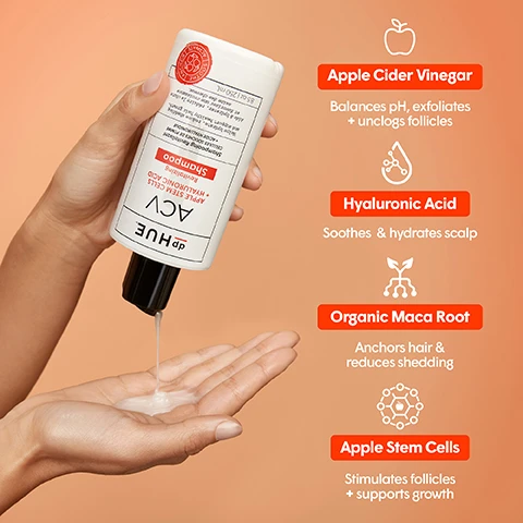 Image 1 - A hand holds a bottle of shampoo with a creamy liquid pouring into an open palm, surrounded by text listing benefits: Apple Cider Vinegar balances pH, exfoliates and unclogs follicles; Hyaluronic Acid soothes and hydrates scalp; Organic Maca Root anchors hair and reduces shedding; Apple Stem Cells stimulate follicles and support growth.
Image 2 - A smiling woman with long, wavy hair holds two bottles of deHUE ACV shampoo against an orange background, with text that highlights benefits including hydration, reducing shedding, promoting stronger hair, and maintaining scalp pH balance.
Image 3 - Two smiling women with long, wavy hair and curly hair pose together against a bright orange background, accompanied by the text Made with artisanal-crafted Apple Cider Vinegar, ensuring premium quality + results.
Image 4 - Image shows a collection of hair care products from dpHUE arranged against an orange background, including shampoo, conditioner, scalp serum, hair rinse, and hair masque, with visible text stating hair care you can trust, and icons for color safe, paraben free, SLS & SLES sulfate free, Leaping Bunny certified, and pH balanced.