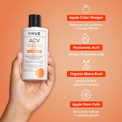 Image 1 - A person is holding a bottle of dpHUE ACV Revitalizing Conditioner against a light orange background, with the product name and benefits listed alongside the bottle, including Apple Cider Vinegar, Hyaluronic Acid, Organic Maca Root, and Apple Stem Cells.
Image 2 - A smiling woman with long, wavy hair holds two bottles of deHUE ACV shampoo against an orange background, with the text Why You’ll Love It, followed by bullet points listing benefits: Hydrates & balances the scalp microbiome, Reduces shedding + supports growth, Promotes stronger + fuller hair, and Maintains scalp pH balance.
Image 3 - Two women smiling closely together against an orange background, with text that reads Made with artisanal-crafted Apple Cider Vinegar, ensuring premium quality + results.
Image 4 - Image shows a selection of dpHUE hair care products arranged on an orange background, including shampoo, conditioner, hair rinse, hair masque, scalp serum, and exfoliating scalp detox, with text indicating they are color safe, paraben free, sulfate free, Leaping Bunny certified, and pH balanced.
