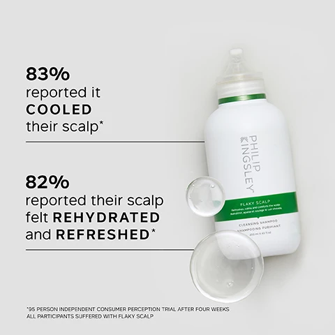 Image 1 - A bottle of Philip Kingsley Flaky Scalp Cleansing Shampoo is displayed with a clear, round dish next to it, featuring visible text indicators of 83% reporting it cooled their scalp and 82% reporting their scalp felt rehydrated and refreshed.
Image 2 - A person holds a bottle of Philip Kingsley Flaky Scalp cleansing shampoo with visible text listing key benefits: cools and calms the scalp, clears flaking and oil build-up, safe for color-treated hair and gentle enough for daily use.
Image 3 - A persons hand is shown holding a pump bottle of Philip Kingsley Flaky Scalp Cleanser while product is being dispensed into the other hand, accompanied by a customer review stating This product works like magic, NO MORE FLAKES.
Image 4 - A bottle of Philip Kingsleys Flaky Scalp Cleansing Shampoo is shown next to two glass bowls, with key ingredients listed: Cocamidopropyl Betaine gently cleanses without drying, and Piroctone Olamine helps preserve and protect.
Image 5 - A person with wet, curly hair is tilting their head back while applying shampoo, and the text on the left reads Trichologist Tip: Wet hair and lather well with a gentle kneading of the scalp for 60 seconds.