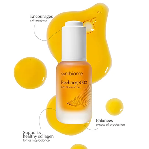 Image 1 - A glass bottle of Symbiome Recharge002 Postbiomic Oil is centered in the image, surrounded by droplets of yellow oil, with the text Encourages skin renewal, Supports healthy collagen for lasting radiance, and Balances excess oil production displayed around it.