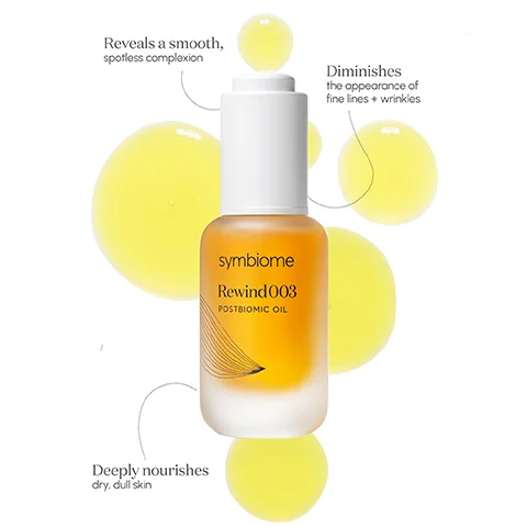 Image 1 - A glass bottle of yellow postbiotic oil labeled Rewind003 by Symbiome is centered in the image, surrounded by three circular yellow drops, with text describing its benefits: Reveals a smooth, spotless complexion, Diminishes the appearance of fine lines + wrinkles, and Deeply nourishes dry, dull skin.