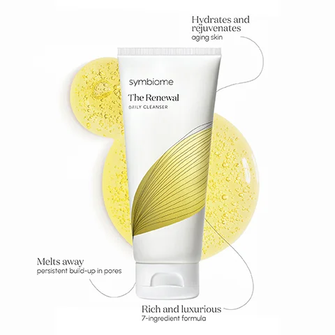 Image 1 - A tube of Symbiome The Renewal Daily Cleanser is displayed with a yellow circular background, featuring text that states it hydrates and rejuvenates aging skin, melts away persistent build-up in pores, and is rich and luxurious with a 7-ingredient formula.