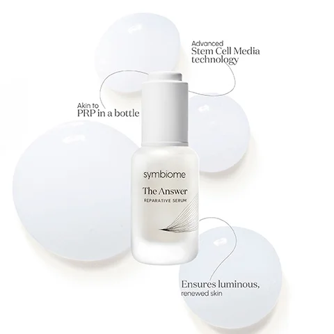 Image 1 - A bottle of Symbiome The Answer Reparative Serum is centered among smooth, glossy white circles, with text highlighting features such as Advanced Stem Cell Media technology and Akin to PRP in a bottle, and Ensures luminous, renewed skin.