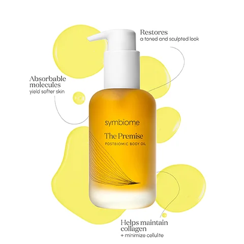 Image 1 - A bottle of Symbiome The Premise Postbiomic Body Oil with a pump top, surrounded by yellow oil droplets, accompanied by text highlighting its benefits: restores a toned and sculpted look, absorbable molecules yield softer skin, and helps maintain collagen plus minimize cellulite.