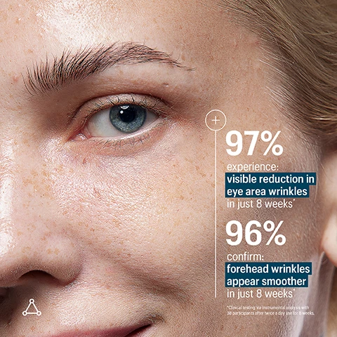 Image 1, 97% experience visible reduction in eye area wrinkles in just 8 weeks. 96% confirm forehead wrinkles appear smoother in just 8 weeks. clinical testing via instrumental analysis with 38 participants after twice a day use for 8 weeks. image 2, -20% visibly reduced fine lines in 8 weeks. clinical testing via instrumental analysis with 38 participants after twice a day use for 8 weeks. based on average of overall results. image 3, real people real results. day 14 vs day 27. image 4, clinically tested proven efficacy. day 1 vs day 32. image 5, 3% sh-oligopeptide-1 growth factor complex. 9% lifting peptide complex. MSM, copper lysinate, phospholipids, glycolipids. image 6, firming and lifting power couple. image 7, dosage 2-3 pumps all over face, eye area and neck AM and or PM