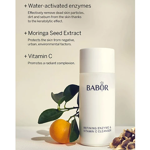 Image 1, water activated enzymes, effectively remove dead skin particles, dirt and sebum from the skin thanks to the keratolytic effect. moringa seed extract protects the skin from negative, urban environmental factors. vitamin c promotes a radiant complexion. image 2, cleansing refining enzyme and vitamin c cleanser - 2 in 1 enzyme based cleansing and peeling powder. cleanse and exfoliate with an enzyme activated keratolytic effect, suitable for all skint types. image 3, babor cleansing. beautiful skin starts with gentle and effective products from the babor cleansing line. clean and vegan formuklations that balance and keep the skin barrier healthy. up to 99.7% natural based, dermatologically tested, water conscious formulation, sustainably sourced packaging production techniques and clean formulations. image 4, the highest standards worldwide in clean beauty dermatologically tested, vegan, sustainable, while never compromising performance. free from - silicones, parabens, PEGs, microplastics, SLS, lactose, gluten, mineral oil, palm oil, plastic.