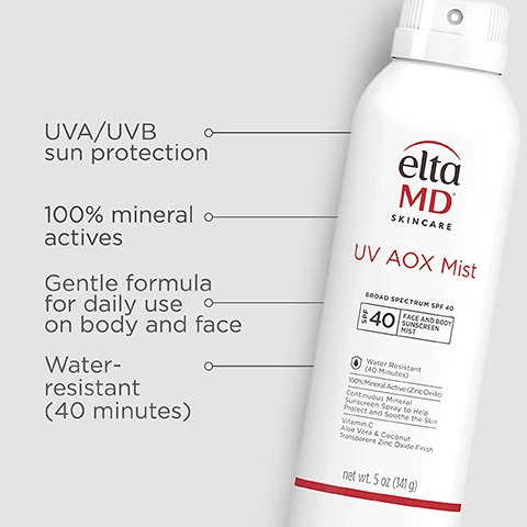 Image 1 - A white spray bottle labeled Elta MD UV AOX Mist features sun protection details, including UVA/UVB sun protection, 100% mineral actives, gentle formula for daily use on body and face, and water-resistant for 40 minutes, with a broad spectrum SPF 40.
Image 2 - Image features a bold red square with white text stating #1 Dermatologist Recommended Professional Sunscreen Brand, with a footnote referencing the U.S. Sunscreen Dispensing Dermatologists Study, Decision Analyst 2023.
Image 3 - A white spray bottle of EltaMD UV Aox Mist sunscreen with a brown background, featuring text that reads Mineral face & body spray with skin-rejuvenating antioxidants and details about SPF 40 and water resistance.
Image 4 - A white spray bottle of Elta MD UV AOX Mist with SPF 40 is shown, surrounded by descriptions of key ingredients: Zinc Oxide, Vitamin C + E, and Coconut Fruit Extract, Aloe Vera, and Glycerin, all highlighting their protective and moisturizing benefits.
Image 5 - Three hands hold bottles of EltaMD UV Clear sunscreen, with the text above reading SPF MADE FOR SKIN, NOT JUST THE SUN.
Image 6 - Three hands of different skin tones are raised, showing various sunscreens on their wrists, with the text THINK ZINC OXIDE and Natural mineral compound that works as a sunscreen agent by reflecting and scattering UVA and UVB rays displayed above, along with a small logo featuring Zn and Think Zinc.
Image 7 - Image shows a selection of Elta MD skincare products including an Oil-in-Gel Cleanser, UV AOX Eye, UV AOX Elements, and UV AOX Mist, with the text COMPLETE YOUR REGIMEN prominently displayed above.