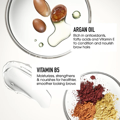 Image 1 - A clear glass bowl contains oil droplets and Argan nuts on the top left, while a creamy white substance and a mix of colored powders are on the bottom right, with the text ARGAN OIL Rich in antioxidants, fatty acids and Vitamin E to condition and nourish brow hairs and VITAMIN B5 Moisturizes, strengthens & nourishes for healthier, smoother looking brows.
Image 2 - Image shows four brow pencils lined up on a sandy surface with labels highlighting benefits: glides on easily with instant color payoff, 1.3 mm self-sharpening micro-teardrop tip for precise, hair-like strokes, and replenishing natural ingredients and eco-conscious wood pencil.