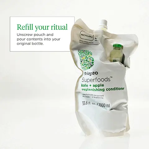 refill your ritual. Unscrew pouch and pour contents into your original bottle. One shampoo or conditioner refill pouch equals 2.7 bottles. We develop all packaging with recycled materials and clear recycling instructions.