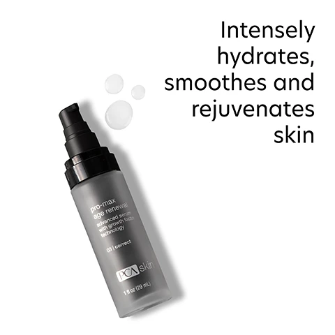 Image 1 - A gray pump bottle of PCA Skin pro-max age renewal sitting on a white background with three droplets of product nearby, accompanied by the text Intently hydrates, smoothes and rejuvenates skin.
Image 2 - Image shows a skincare product bottle labeled pro-max age renewal next to a circular dish with a beige cream, featuring key ingredients listed: Micro Growth Factor Technology helps enhance skin’s collagen production, Kangaroo Paw Flower Extract delivers a rapid reduction in the appearance of wrinkles and sagging skin, and Skin-Firming BioPolymers provide instant skin firming.
Image 3 - Image of a round petri dish containing a white substance on the left, with text on the right describing two ingredients: Micro Growth Factor Technology (MGF) and Organic Kangaroo Paw Flower Extract, detailing their benefits for collagen production and skin appearance.
Image 4 - A clear serum bottle labeled pro-max age renewal advanced serum with growth factor technology, featuring descriptors for lifting, firming, and volume restoration.
Image 5 - Diagram illustrating the difference between micro growth factor technology and conventional growth factor technology, showing layers of skin (stratum corneum, epidermis, dermis) with colored circles representing penetration levels, and text stating penetrates skin deeper than conventional growth factor serums to help enhance collagen production.
Image 6 - Side-by-side comparison of a womans face showing changes in skin appearance, labeled BASELINE on the left and AFTER 24 WEEKS on the right, with text stating Visibly fuller skin, with 58% improvement in plumping the look of skin.
Image 7 - Image shows a before-and-after comparison of a womans face, with the left side labeled BASELINE and the right side labeled AFTER 24 WEEKS, highlighting improvements in skin appearance; text reads Lifts & firms the appearance of skin by 60%.
Image 8 - Image shows a side-by-side comparison of a womans face with visible differences; the left side labeled BASELINE shows more lines and wrinkles, while the right side labeled AFTER 24 WEEKS shows smoother skin; text at the top states Smooths visible lines and coarse wrinkles by 40%.
Image 9 - An image showing a two-step guide for applying a skincare serum, with the first step illustrating a person dispensing serum into their hand and the second step featuring a woman smiling while holding the serum, accompanied by the text How to Apply, STEP 1, After cleansing and toning face, dispense a few drops of serum into your hand. Gently massage the serum into areas of concern, such as the forehead, lines around the eyes, and mouth, STEP 2, Use twice daily for maximum benefits. Follow with broad spectrum SPF product in the daytime, and moisturizer in the evening. Image 10 - Three diverse women with different skin tones smile at the camera, with text above them stating for dry, oily, combination, normal and sensitive skin for preventative and aging skin concerns.
Image 11 - A display of skincare products with three labeled items: HydraLuxe Intensive Hydration Anti Aging Facial Cream, Pro-Max Age Renewal Advanced Serum, and Hydrator Plus Broad Spectrum SPF 30, along with visible text describing their benefits.
Image 12 - Image shows a blue laboratory flask icon at the top with the text Innovators in healthy skin for 30 years. At PCA SKIN®, we use clinically-backed research and science to develop safe and effective products that deliver visible results for healthy, beautiful skin.