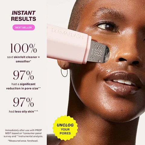 Image 1 - A person uses a skin tool on their cheek, with text visible including INSTANT RESULTS BEST SELLER 100% said skin felt cleaner + smoother* 97% had a significant reduction in pore size** 97% had less oily skin***^ Immediately after use with PREP MIST based on *consumer panel survey and **instrumental analysis. ^Measured area: forehead. UNCLOG YOUR PORES. Image 2 - A man uses a pink DERMAFLASH device on his nose, with text reading DEEP CLEAN PORES and an arrow pointing to the nose. Image 3 - The image shows text that reads Winner of 25+ Industry Awards and three circular award badges that read BEAUTYINC THE GREATEST SKIN CARE 2024, BEST OF BEAUTY allure AWARD WINNER, and AWARD WINNER 2024 NEWBEAUTY THE BEAUTY AUTHORITY. Image 4 - The image displays the contents of a package, showing a pink DERMAPORE+ device, a bottle of Prep Mist, and a USB charging cable with the text Whats Included 1 DERMAPORE+ Device 1 Prep Mist (0.5 fl. Oz.) 1 USB Charging Cable. Image 5 - A text image provides instructions titled How to Use, covering STEP ONE PREP Wet skin with the included PREP MIST before you start. Skin must remain thoroughly wet for your entire Extract mode treatment. Re-mist as needed. STEP TWO EXTRACT Hold skin taut and glide the tip of the spatula over clog-prone areas. Keep your fingertips on the silver strip. Debris will build up, wipe clean before using Infuse mode. STEP THREE INFUSE Apply your favorite skincare, then glide the flat part of the spatula over skin keep your fingertips on the silver strip. Pat in excess product and wipe spatula clean.