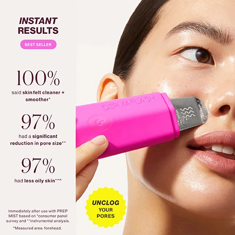 Image 1 - A person uses a pink DERMAFLASH device on their nose with text on the left reading INSTANT RESULTS BEST SELLER 100% said skin felt cleaner + smoother* 97% had a significant reduction in pore size** 97% had less oily skin***^ Immediately after use with PREP MIST based on *consumer panel survey and **instrumental analysis. ^Measured area: forehead. and a yellow shape reading UNCLOG YOUR PORES. Image 2 - A close-up shows a person using a pink DERMAFLASH device labeled INFUSE EXTRACT on their face with the text overlay DEEP CLEAN PORES. Image 3 - Image showing text and three award badges with text reading Winner of 25+ Industry Awards, BEAUTYINC THE GREATEST SKIN CARE 2024, BEST OF BEAUTY allure AWARD WINNER, AWARD WINNER 2024 NEWBEAUTY THE BEAUTY AUTHORITY. Image 4 - Whats Included: Image shows a pink DERMAPORE+ Device with the label 1 DERMAPORE+ Device, a bottle of Prep Mist with the label 1 Prep Mist (0.5 fl. Oz.), and a USB Charging Cable with the label 1 USB Charging Cable; the device is also labeled DERMAFLASH, EXTRACT, and INFUSE, and the mist bottle is labeled DERMAFLASH, DERMAPORE+ PREPMIST, DECONGEST + SOOTHE, BRUME DERMAPORE+ PREP, DECONGESTION + APAISER, 15 ml / 0.5 fl. oz. US. Image 5 - A text graphic titled How to Use provides detailed instructions for using a skincare device with three steps: STEP ONE PREP Wet skin with the included PREP MIST before you start. Skin must remain thoroughly wet for your entire Extract mode treatment. Re-mist as needed. STEP TWO EXTRACT Hold skin taut and glide the tip of the spatula over clog-prone areas. Keep your fingertips on the silver strip. Debris will build up, wipe clean before using Infuse mode. STEP THREE INFUSE Apply your favorite skincare, then glide the flat part of the spatula over skin (keep your fingertips on the silver strip). Pat in excess product and wipe spatula clean.