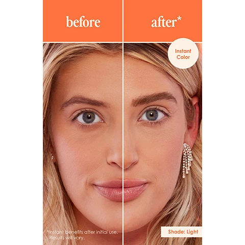 Image 1 - A split image showing a woman, with the left side labeled before displaying her natural appearance and the right side labeled after showcasing enhanced features; visible text at the bottom reads Shade: Light and Instant benefits after initial use. Results may vary.
Image 2 - Close-up of a woman’s face showing her eyes and lips, with the text 100% saw thicker looking brows and a note about long-term benefits from a consumer study.
Image 3 - A series of four close-up images of a persons eyes, labeled before, week 6, week 8, and week 16 with a circular text in the middle that reads No Makeup Clinical Results.
Image 4 - A smiling woman with long blonde hair holds a brow gel and looks directly at the camera against a bright orange background, with the text finally, I have brows! and a quote about the brow gels effectiveness.
Image 5 - Image of a promotional graphic for GrandeBROW 2-in-1 brow gel featuring a tube of the product against an orange background, with text highlighting its benefits, including powered by award winning GrandeBROW Enhancing Serum technology, fills, shapes, + defines brows, tinted, thicker looking natural brows over time, and 12-hour wear + smudge-proof.
Image 6 - A close-up of a woman with curly hair shows her smiling face alongside text that states Instantly: 97% felt it shapes + fills in sparse areas* Over time: 97% saw darker looking brows*. Image 7 - Image showing the availability of five shades of a hair product with close-up views of eyes and text labels for each shade: Light for light blonde to dark blonde hair, Medium for light brown to medium brown hair, Taupe for grey to platinum blonde hair, Auburn for warm red/auburn hair, and Dark for deep brown to black hair.
Image 8 - A series of five overlapping swatches of makeup in various shades of brown and beige, with the text Available in 5 Shades above them.