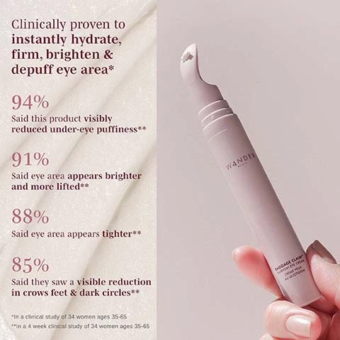 Image 1, clinically proven to instantly hydrate, firm and brighten and depuff eye area. 94% said this product visibly reduced under eye puffiness. 91% said eye area appears brighter and more lifted. 88% said eye area appears tighter/ 85% said they saw a visible reduction in crows feet and dark circles. in a clinical study on 34 women aged 35-65. in a 4 week clinical study of 34 women aged 35-65. Image 2, antimicrobial applicator, 360 application, gently massages eye area.