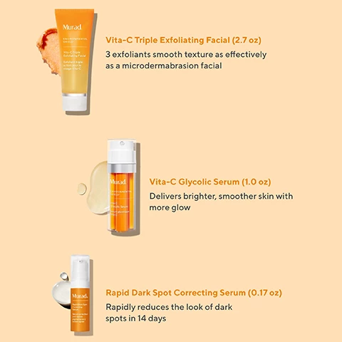 Image 1, vita-c- triple exfoliating facial 2.7oz. 3 exfoliants smooth texture as effectively as a microdermabrasion facial. vita-c glycolic serum 1oz - delivers brighter, smoother skin with more glow. rapid dark spot correcting serum 0.17oz - rapidly reduces the look of dark spots in 14 days. image 2, 3 and 4, unretouched real results before and after 2 weeks. rapid dark spot corrective serum. individual results may vary.