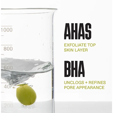 Image 1 - A laboratory beaker containing clear liquid with a green fruit submerged, next to text that reads AHAS EXFOLIATE TOP SKIN LAYER BHA UNCLOGS + REFINES PORE APPEARANCE. Image 2 - A swipe of light brown skin mask with dark exfoliating particles is shown next to text that reads: 100% BALANCED SKIN OILINESS WITHOUT THE RESULT OF STRIPPED SKIN*, 95% INSTANT REDUCED PORE APPEARANCE**, *100% of users who tried KORRES Santorini Grape Volcanic SkinReset Mask / Use for 7 days / Self-assessment, 20 panelists between 18-35 years old. **95% of users who tried KORRES Santorini Grape Volcanic SkinReset Mask / Self-assessment, 20 panelists between 18-35 years old.