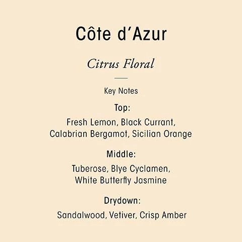 Image 1, cote d'azur, citrus flora. key notes, top = fresh lemon, black currant, calabrain bergamot, sicilian orange. middle = tuberose, blye cyclamen, white butterfly jasmin. drydown = sandalwood, vetiver, crisp amber. Image 2, transport your sense with oribes three scents. cote d'azure = citrus floral, seductive and effervescently fresh. desertland = aromatic green, the essence of a green blooming desert. valley of flowers, woody floral = a vibrant field of blooming flowers.