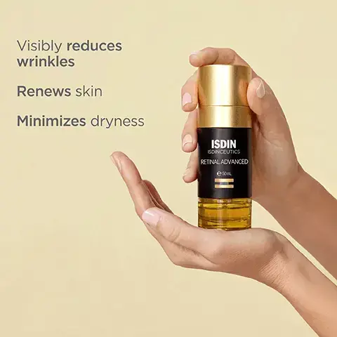 Image 1, visibly reduces wrinkles renews skin and minimizes dryness. Image 2, Dual phase formula oil and aqueous phases. Image 3, After 4 weeks, clinical results showed1: -43% Wrinkles After 3 months, consumers stated': 90% Renewed skin 97% No discomfort
97% Firmer skin 97% Reduction of wrinkles and fine lines 'Data on file. ISDIN Corp. 2023. Morristown, NJ. Image 4, Excellent skin tolerance
Visible results after 4 weeks of use. Image 5, Press two pumps into your hand and mix well Massage onto clean, dry skin until absorbed Apply sun protection the next morning & reapply during the day Retinal Advanced. Image 6, retinaldehyde rejuvenating ingredient. melatonin boosts antioxidant defenses. soothing complex calms and hydrates. image 7, join the loveisdin community. 1 = scan the QR code. 2 = earn points. 3 = enjoy rewards. join the loveisdin community. unique code guarantees quality and authenticity.