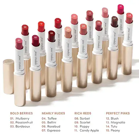 Image 1,BOLD BERRIES 01. Mulberry 02. Passionfruit 03. Bordeaux NEARLY NUDES 04. Toffee 05. Bellini 06. Rosebud 07. Espresso RICH REDS 08. Sorbet 09. Scarlet 10. Poppy 11. Candy Apple PERFECT PINKS 12. Blush 13. Magnolia 14. Tutu 15. Peony Image 2, Highly pigmented lip color for bold payoff. Creamy, no-tug texture. Smooth, satin finish. Rich-yet-weightless feel. Image 3 - Image shows three sections featuring ingredients: the first section has a scoop of cocoa butter with the text Cocoa Butter helps to protect lips and keep them hydrated; the second features a purple flower with green leaves and the text Portulaca Pilosa Extract soothes skin and supports collagen production; the third displays sunflower seed oil with yellow petals and the text Sunflower Seed Oil nourishes lips and helps them to retain moisture.