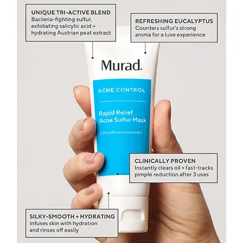 Image 1,UNIQUE TRI-ACTIVE BLEND Bacteria-fighting sulfur, exfoliating salicylic acid + hydrating Austrian peat extract REFRESHING EUCALYPTUS Counters sulfur's strong aroma for a luxe experience SILKY-SMOOTH + HYDRATING Infuses skin with hydration and rinses off easily CLINICALLY PROVEN Instantly clears oil + fast-tracks pimple reduction after 3 uses Image 2, UNRETOUCHED REAL RESULTS Before After 3 uses