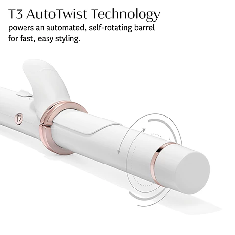 Image 1, T3 autotwist technology, powers an automated self rotating barrel for fast easy styling. Image 2, smart curl timer powers 2 timer settings at 5 and 8 seconds, for consistent curls and waves with minimized heat exposure. Image 3, longer barrel for easy styling on all hair lengths. Image 4, before and after, texture = coarse. heat = 8, timer = 8 seconds. Image 5, before and after, texture = fine, heat = 3, timer = 5 seconds. Image 6, front of tool, home button resets the barrel between sections. auto twist steers curl direction with intuitive dual navigation. 9 heat settings deliver precise heat for your unique hair. training mode turns off the heat while you test barrel rotation direction and speed. back of tool, speed selector toggles between 2 barrel rotation speeds to curl at your pace. smart curl timer powers 2 timer settings for consistent curls and waves. sensory feedback guides your styling experience with gentle sounds and vibrations. Image 7, 8 out of 10 experienced faster styling and more consistent curls, 24 hour hold. Image 8, how how to style with the T3 curlwrap. step 1 = start with dry, detangled hair. insert a 1 inch section of hair into the clip. step 2 = slide the autotwist switch to the left or right and the barrel will rotate automatically. step 3 = hold until the timer signals then open the clip to release the curl. step 4 = press the home button to reset the barrel and start again. Image 9, digital T3 single pass technology delivers exceptional heat consistency for one pass styling with lasting results. ceramic heater technology ensure even heat, free of hot spot for curls that last. smart microchip keeps temperature fluctuations in check, ion generator minimizes static frizz, boosts shine, and locks in style. Image 10, 9 precise heat settings for every hair type and texture.