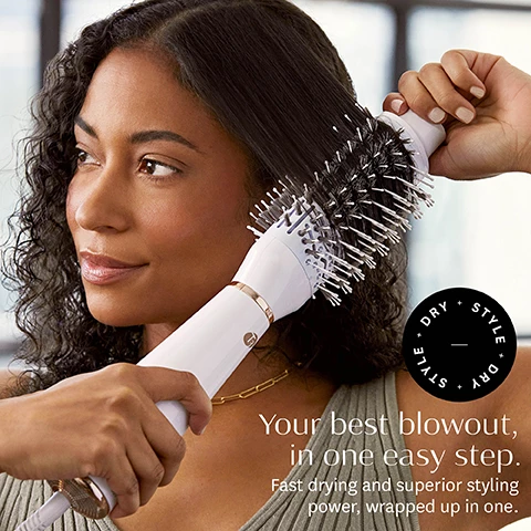 Image 1, your best blowout in one easy step, fast drying and superior styling power, wrapped up in one. Image 2, 6 styling combinations for every hair type and texture, 3 heat settings, cool shot and 2 speed settings. Image 3, 97% achieved a faster and easier salon quality blowout. 99 experienced less damage. Image 4, before and after, texture = fine, heat = 2, speed = 1. Image 5, before and after, texture = coarse, heat = 3, speed = 2. Image 6, blowouts for days style three ways. voluminous waves, smooth and sleek, body and bends. Image 7, oval brush design shaped to lift and the roots and create waves and bends or smooth sleek looks. smooth grip bristles deliver perfect tension to smooth strands and build body without causing breakage. cera gloss ceramic surface smooths frizz, boosts shine and sets your style. Image 8, even stream vents equalize airflow for rapid drying that's gentle on hair. T3 even flow technology delivers exceptional heat precision and even airflow for healthy styling. Image 9, how to style with the t3 airebrush. section - remove any excess moisture with a towel, then detangle and section hair. dry = place brush at the roots and slowly pull through hair while applying tension. for smooth sleek blowouts. place brush close to the roots and brush down through the ends. for voluminous blowouts, place brush under hair close to the roots and roll outward to the ends. for the bends and curls - wrap the ends of each section around the brush and rotate inward or outward, hold for 2 to 3 seconds. set your styl, twist the dual twist dial to cool to apply a burst of cool air and set your style.
