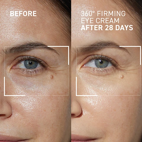 image 1, before and after 28 days of 260 degree firming eye cream. image 2, look forward to aging. visibly firms eye contour and upper eyelids. smoothes lines and wrinkles of the eye contour. reduces dark circles. image 3, parban fre, vegan, synthetic fragrance, sulfate free, GMO free, cruelty free, phthalate free. image 4, step 1 = cleanse, step 2 = exfoliate, step 3 = treat, step 4 = moisturise, step 5= protect. how: apply a grain of rice amount on each eye contour and eyelid. start from the inside corner of the eye outward and apply on the top eyelid. when: apply in the morning and evening.