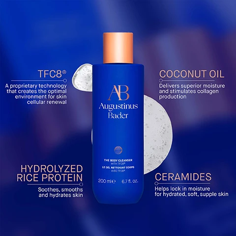Image 1 - A blue bottle of Augustinus Bader The Body Cleanser with TFC8® technology, surrounded by descriptions of ingredients: TFC8® - A proprietary technology that creates the optimal environment for skin cellular renewal, Hydrolyzed Rice Protein - Soothes, smooths and hydrates skin, Coconut Oil - Delivers superior moisture and stimulates collagen production, Ceramides - Helps lock in moisture for hydrated, soft, supple skin.
Image 2 - Image shows two blue bottles of Augustinus Bader skincare products against a light blue background with text stating Clinically Proven Results, and visible statistics about skin hydration, smoothness, and TEWL, including Skin hydration is improved by 2.2x, Skin smoothness is improved by over 4.41x, and TEWL (transepidermal water loss) is reduced by 26%.
Image 3 - Image shows a blue bottle of Augustinus Bader body cleanser with foamy product at the top, accompanied by text highlighting user results: 98% feel it cleanses without stripping or drying the skin, 99% agree skin feels nourished, soft, and smooth, 100% agree irritated, red skin feels calmed, with a note about an 8-week consumer perception study.
Image 4 - An image showing a person applying a blue skincare product to their shoulder with visible steps for usage: Step 1 - Apply to damp skin and gently massage into a lather; Step 2 - Rinse thoroughly and dry skin. Follow with your Augustinus Bader skincare routine.
Image 5 - An instructional graphic showing three steps for using skincare products, featuring product images labeled 1. Cleanse & Hydrate with THE BODY CLEANSER, 2. Soften & Smooth with THE BODY OIL, and 3. Hydrate & Firm with THE BODY LOTION OR THE BODY CREAM.